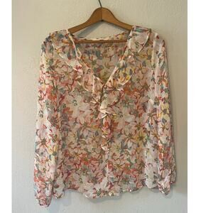 Women's Lauren Conrad LC  Sheer floral ruffled long sleeve top Blouse Size Small